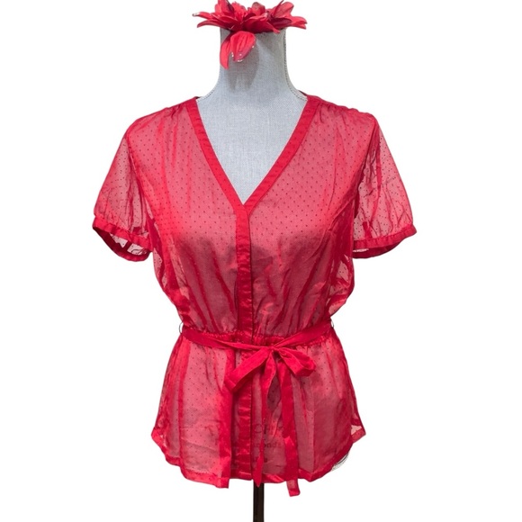 Banana Republic Sheer Red Polka Dot Blouse with Waist Tie - Size M - Picture 1 of 7